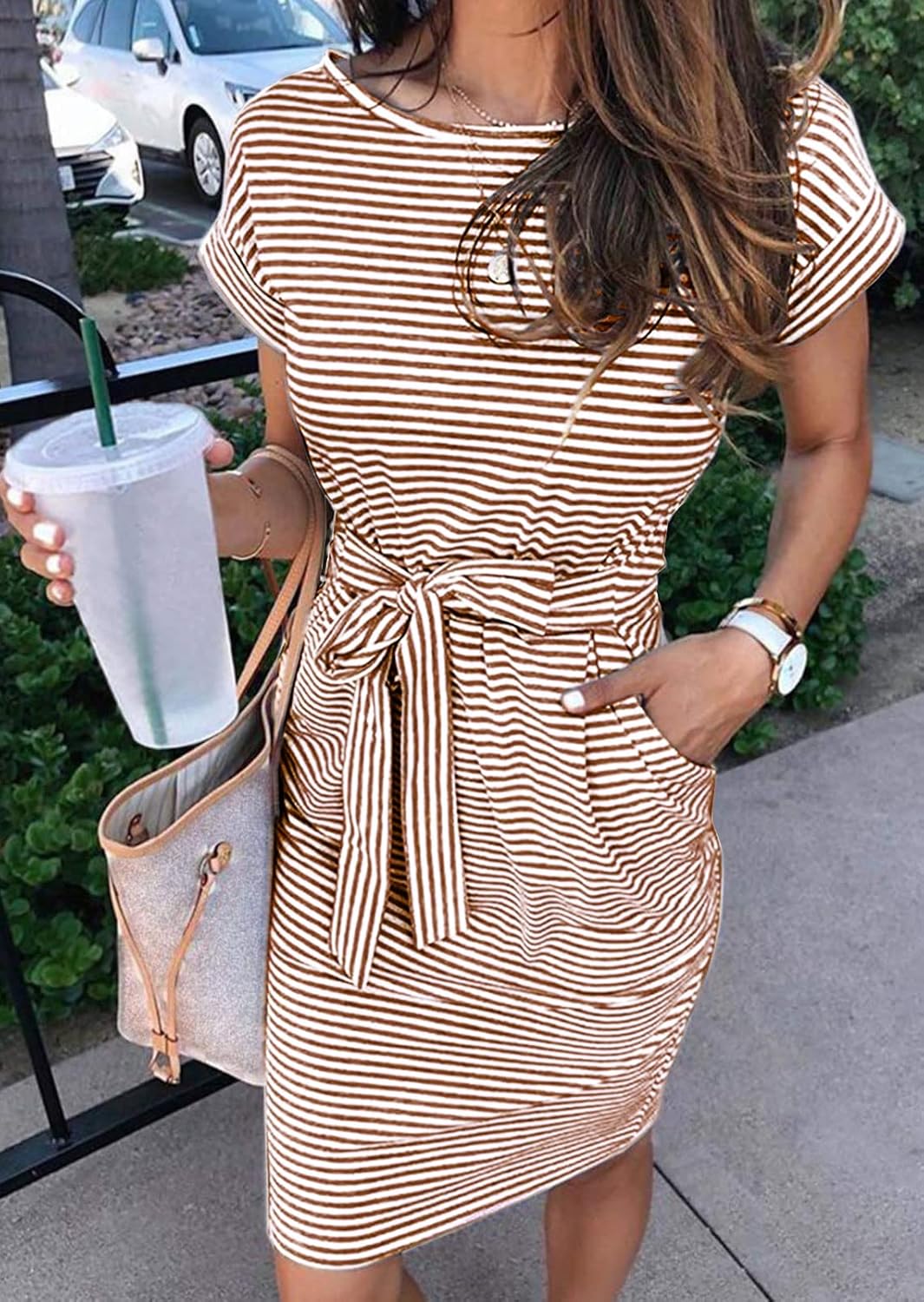 MEROKEETY Women's Summer Striped Short Sleeve T Shirt Dress Casual Tie Waist with Pockets