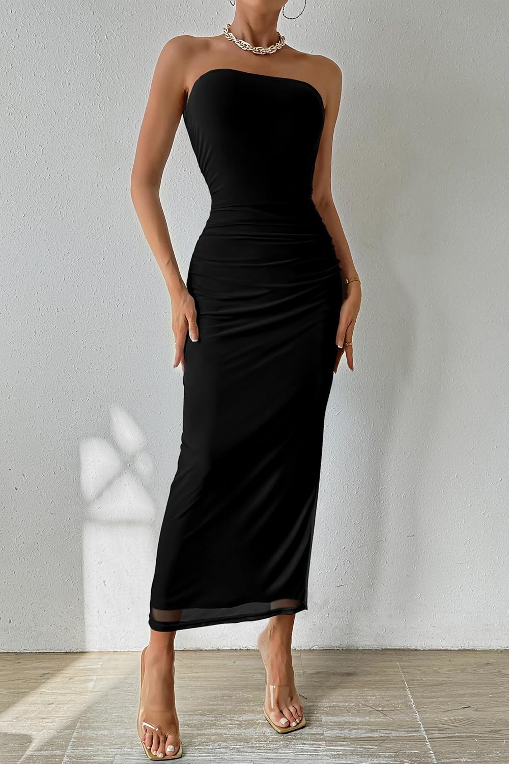 PRETTYGARDEN Women's Summer Maxi Bodycon Dresses Strapless Tube Top Printed Long Party Club Slit Dress