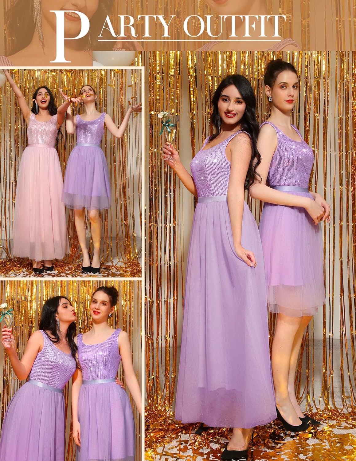 BeryLove Sequin Dress for Woman Vintage A Line Wedding Formal Swing Mesh Dress Sleeveless Cocktail Maxi Gowns