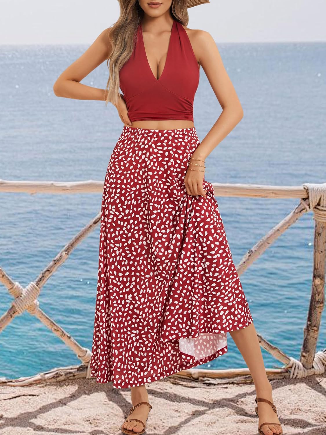 FENSACE Women's Summer Sexy 2 Pieces Floral Beach Vacation Outfits Halter Top Maxi Skirt Set