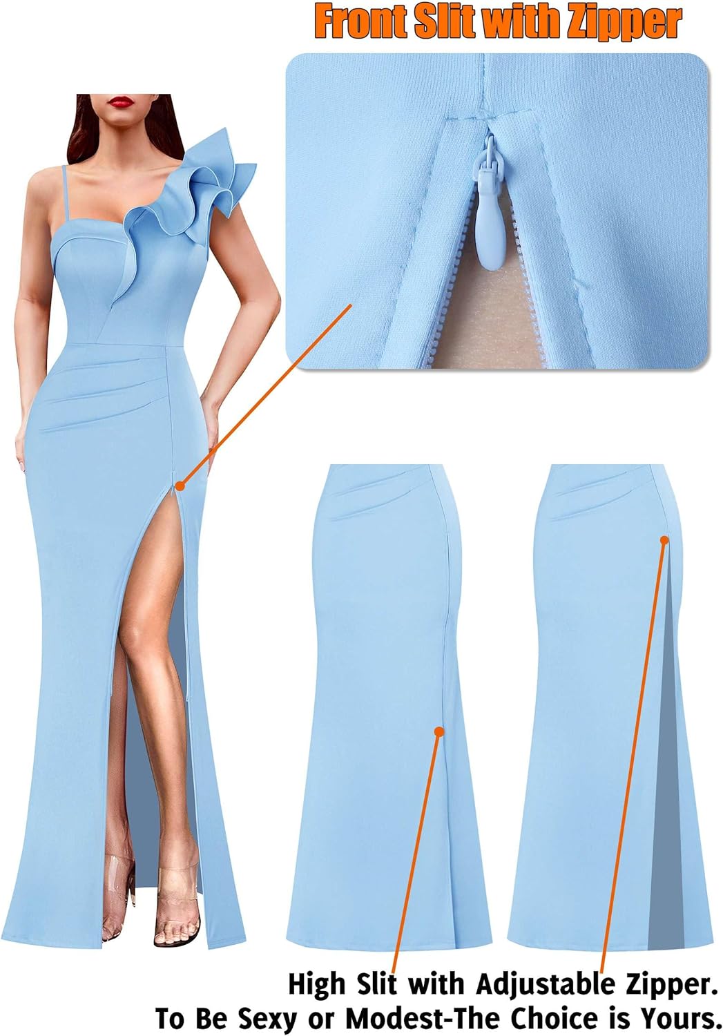 VFSHOW Womens Ruffle One Shoulder Strap Ruched Formal Prom Wedding Maxi Dress V Neck Elegant Split Cocktail Evening Long Gown