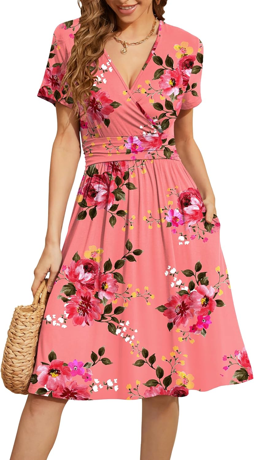WEACZZY Women's Summer Short Sleeve Casual Dresses V-Neck Floral Party Dress with Pockets