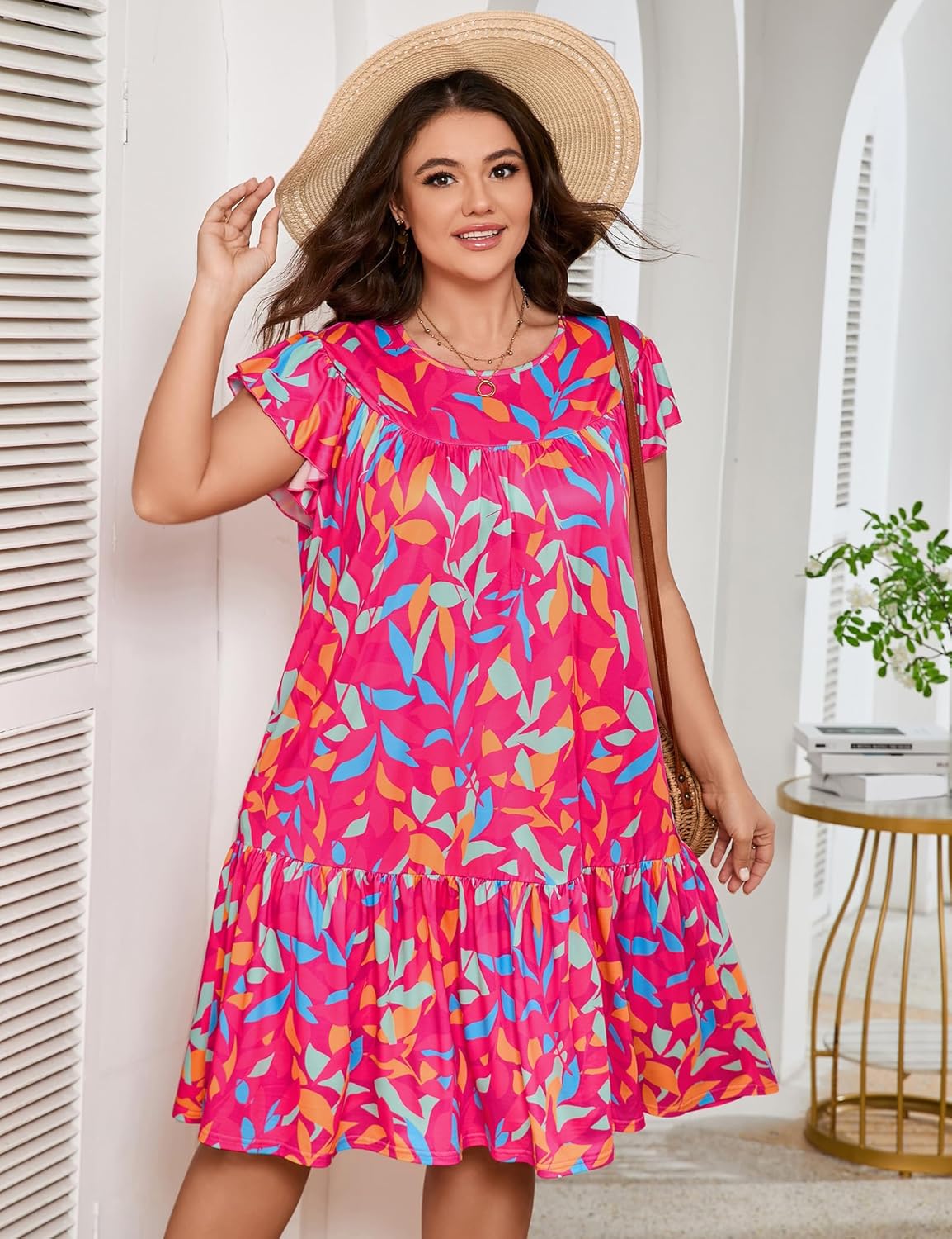 ShopWonder Womens Plus Size Dress Crew Neck Ruffle Sleeve Casual Swing Flowy Tiered Midi T Shirt Dresses with Pockets