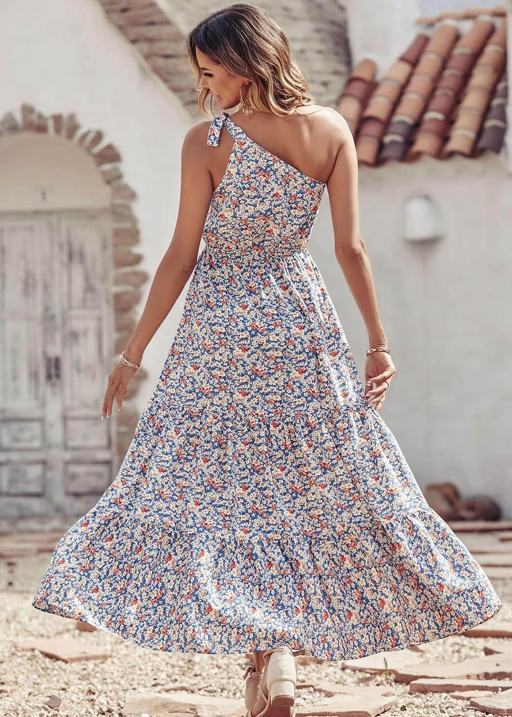 PRETTYGARDEN Women's Summer Floral Maxi Dress Knot One Shoulder Sleeveless Ruffle Flowy Boho Beach Wedding Guest Dresses