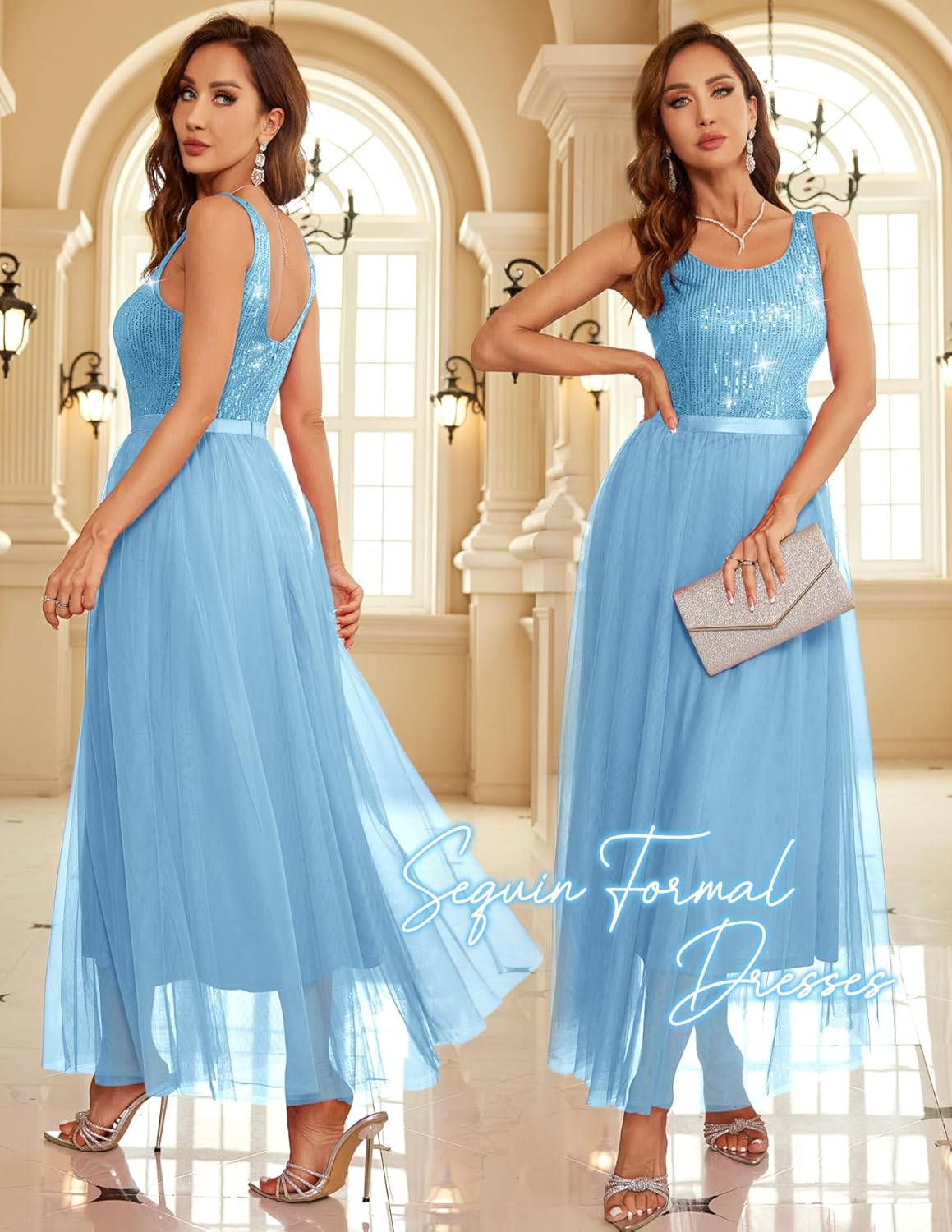 BeryLove Sequin Dress for Woman Vintage A Line Wedding Formal Swing Mesh Dress Sleeveless Cocktail Maxi Gowns