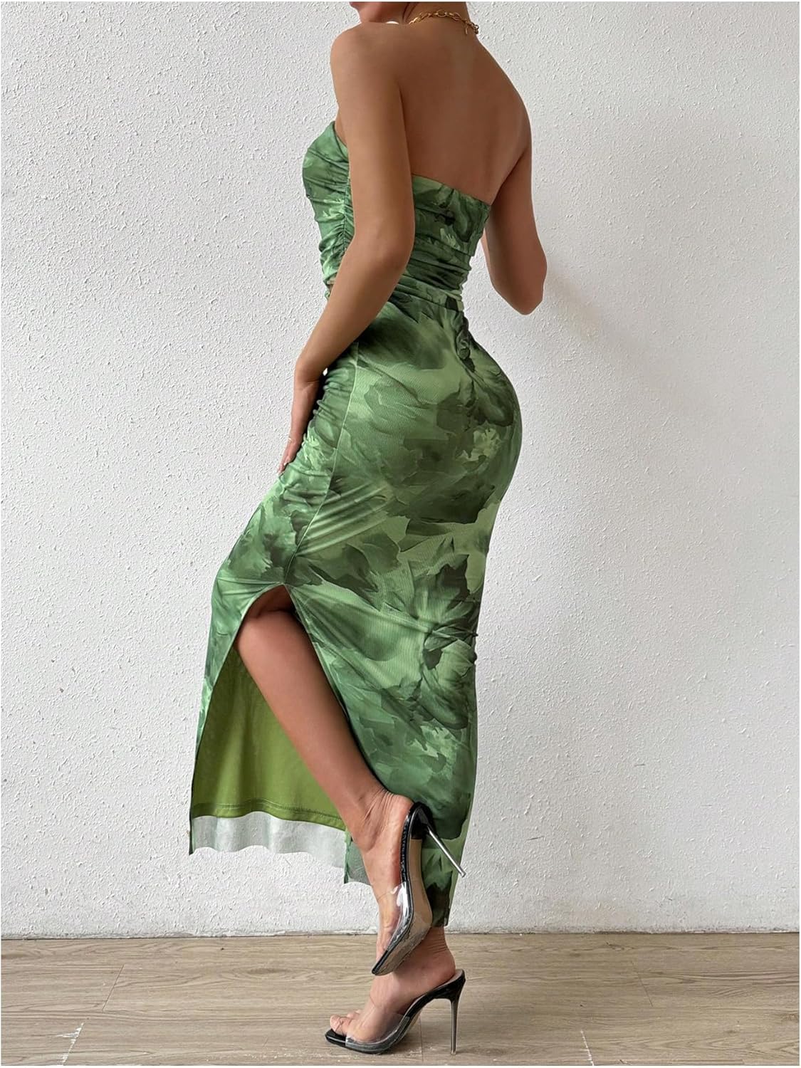 Milumia Women's Printed Strapless Tube Top Long Dress Slit Hem Sleeveless Bodycon Maxi Dresses