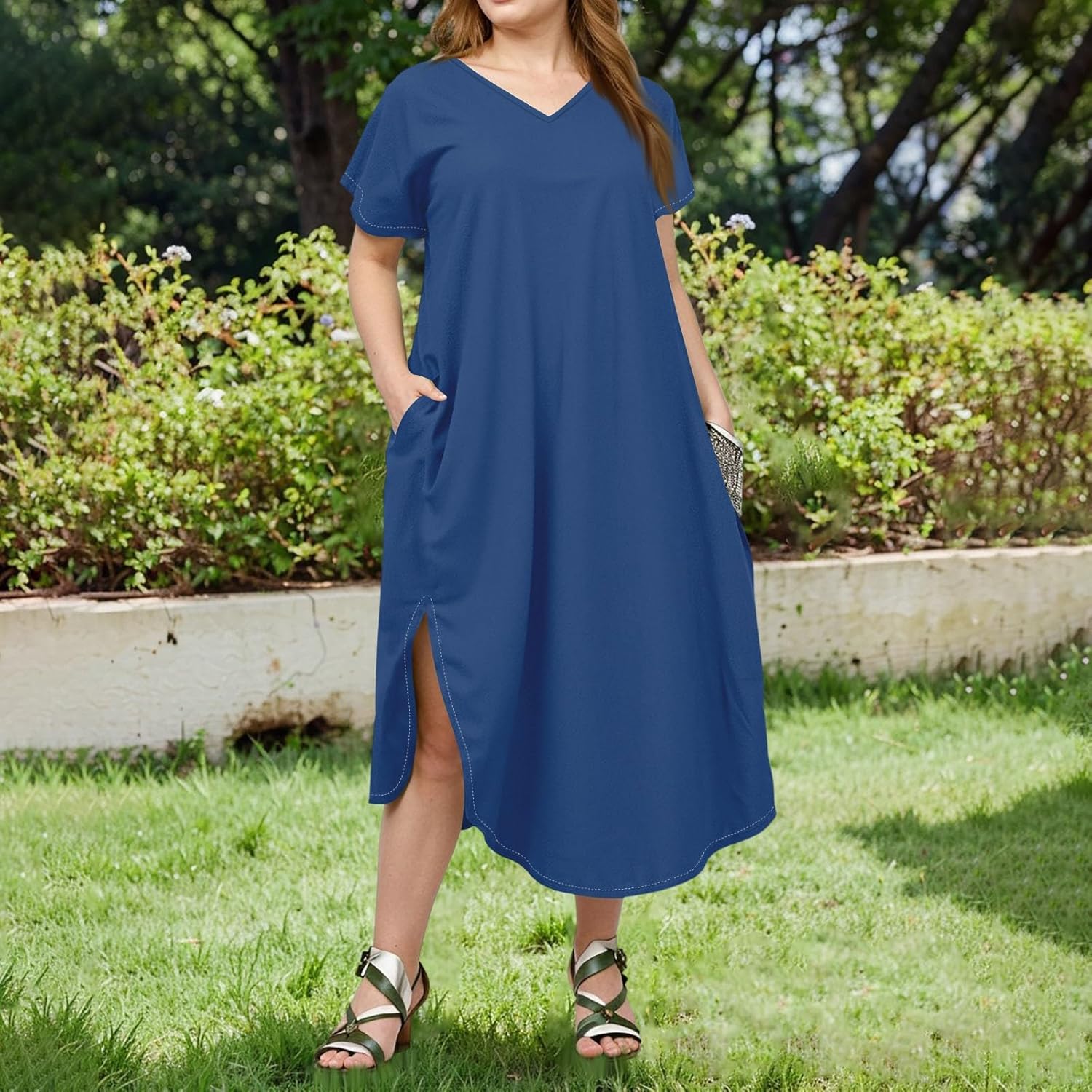 Maxi Dresses for Women 2025 Plus Size Tie Dye V Neck Dress Short Sleeve Side Split Beach Summer Sundress with Pocket