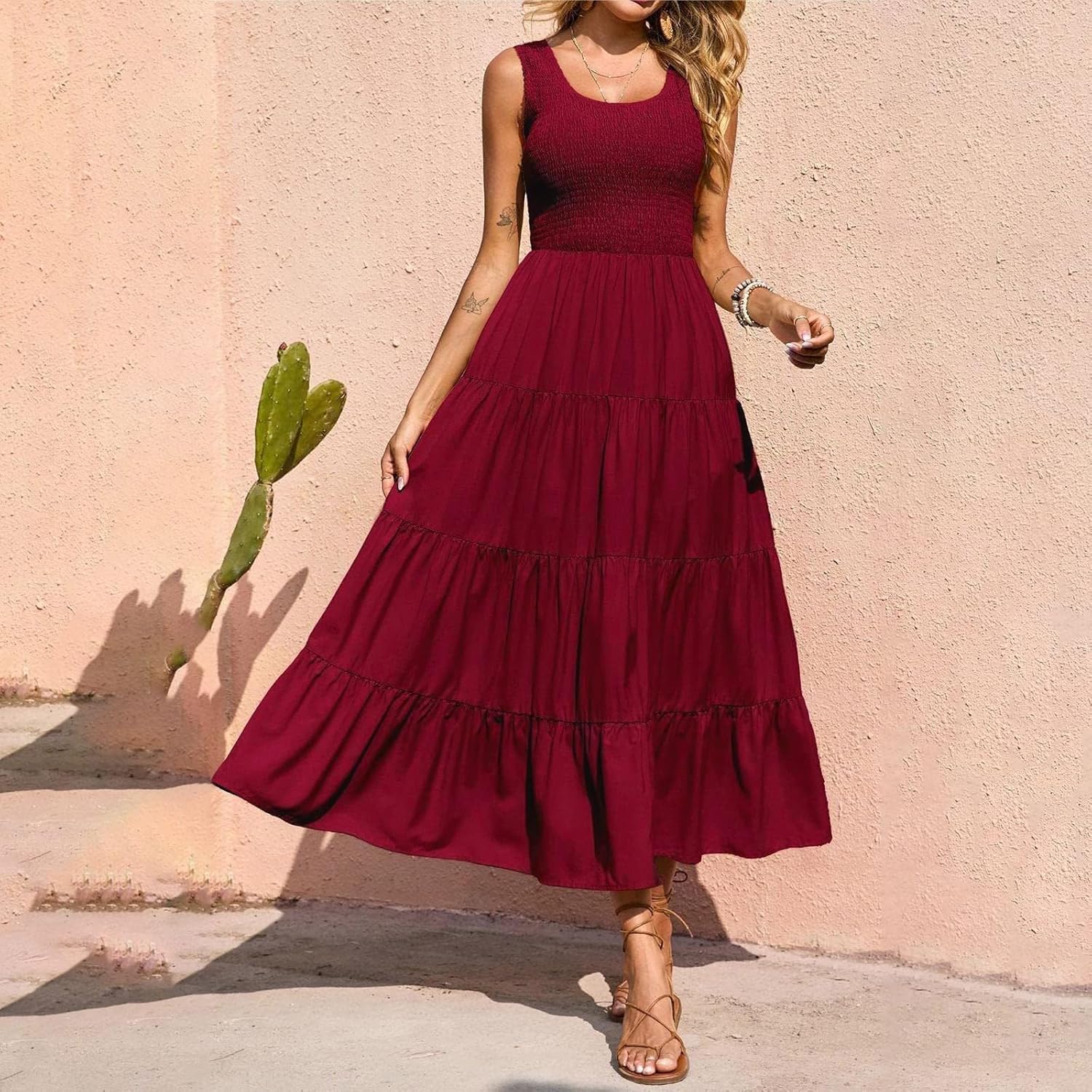 Women Summer Sleeveless Dressees Boho Maxi Dress Casual Smocked Square Neck Sundress a Line Beach Wedding Dresses