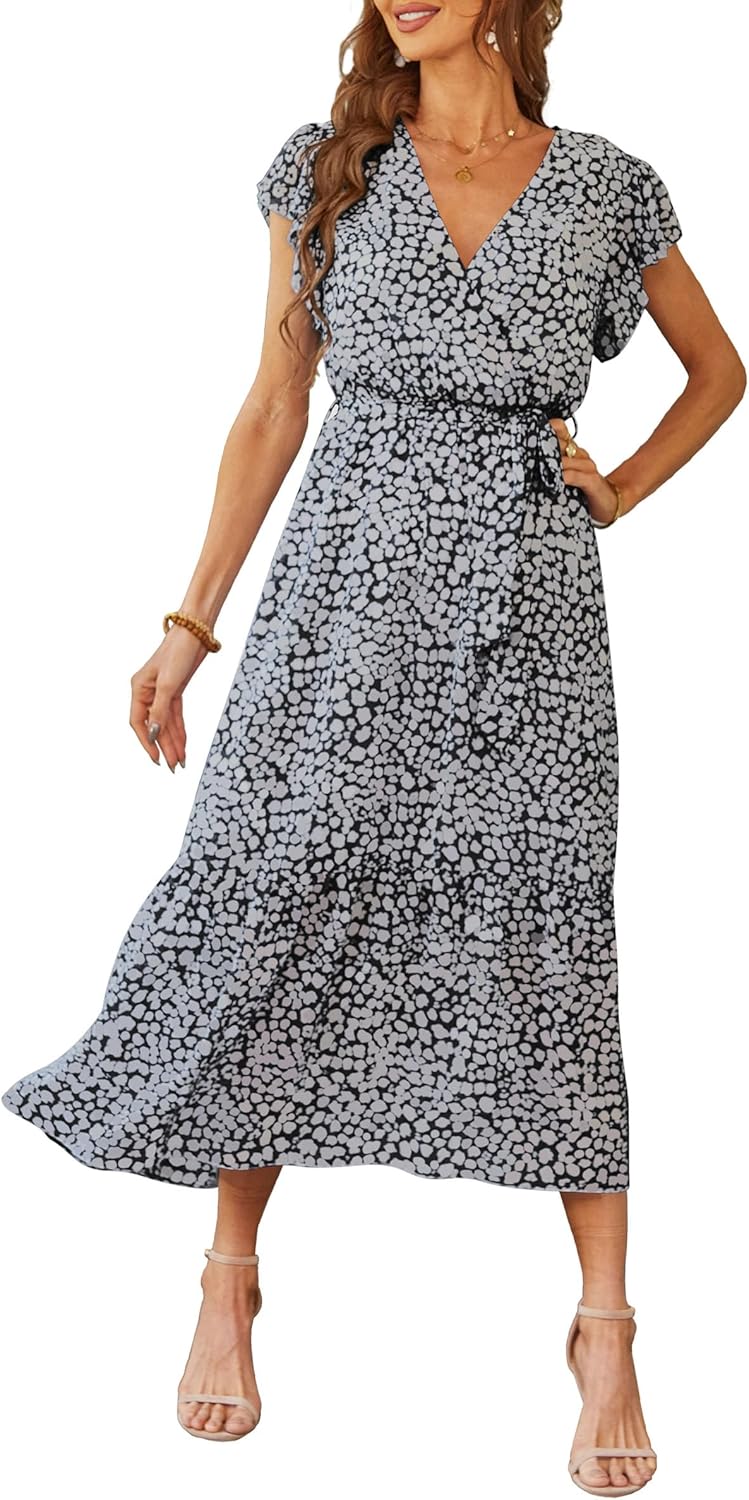 PRETTYGARDEN Women's Summer Floral Boho Dress Wrap V Neck Short Sleeve Ruffle A-Line Flowy Maxi Wedding Guest Dresses