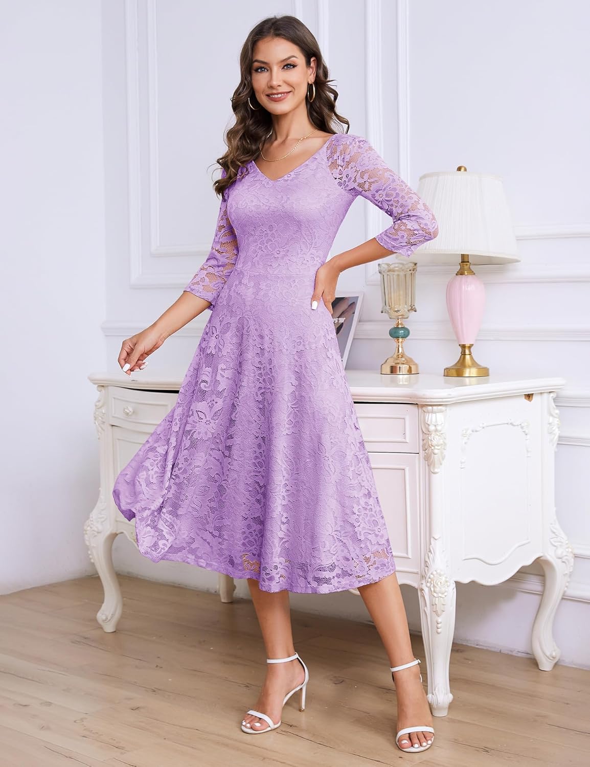 Dressystar Womens Long-Sleeve Wedding Guest Dress A-Line Lace Formal Party Cocktail Midi Dress Prom Gown