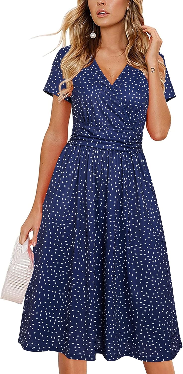 OUGES Women's Summer Short Sleeve V-Neck Floral Short Party Dress with Pockets