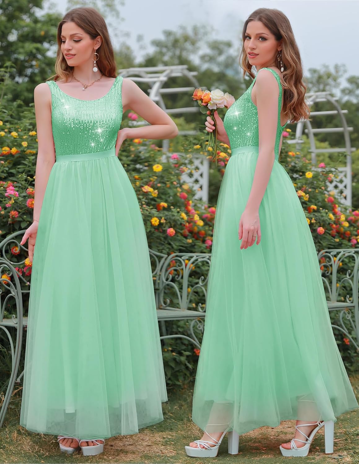 BeryLove Sequin Dress for Woman Vintage A Line Wedding Formal Swing Mesh Dress Sleeveless Cocktail Maxi Gowns