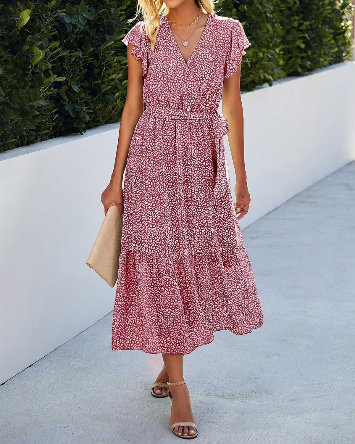 BTFBM Women Summer Bohemian Floral Casual Wrap V Neck Ruffle Cap Sleeveless Belt A-Line Pleated Hem Midi Sun Dress White
