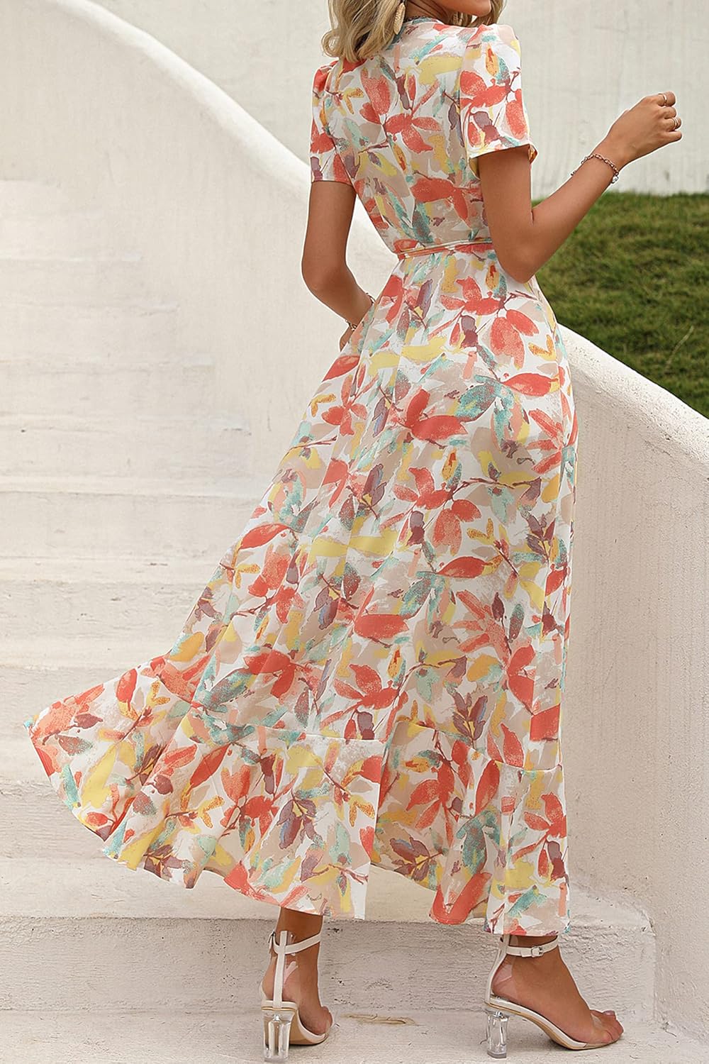 PRETTYGARDEN Women's Summer Wrap Maxi Dress Casual Short Sleeve Floral Boho V Neck Split Ruffle Beach Long Dresses