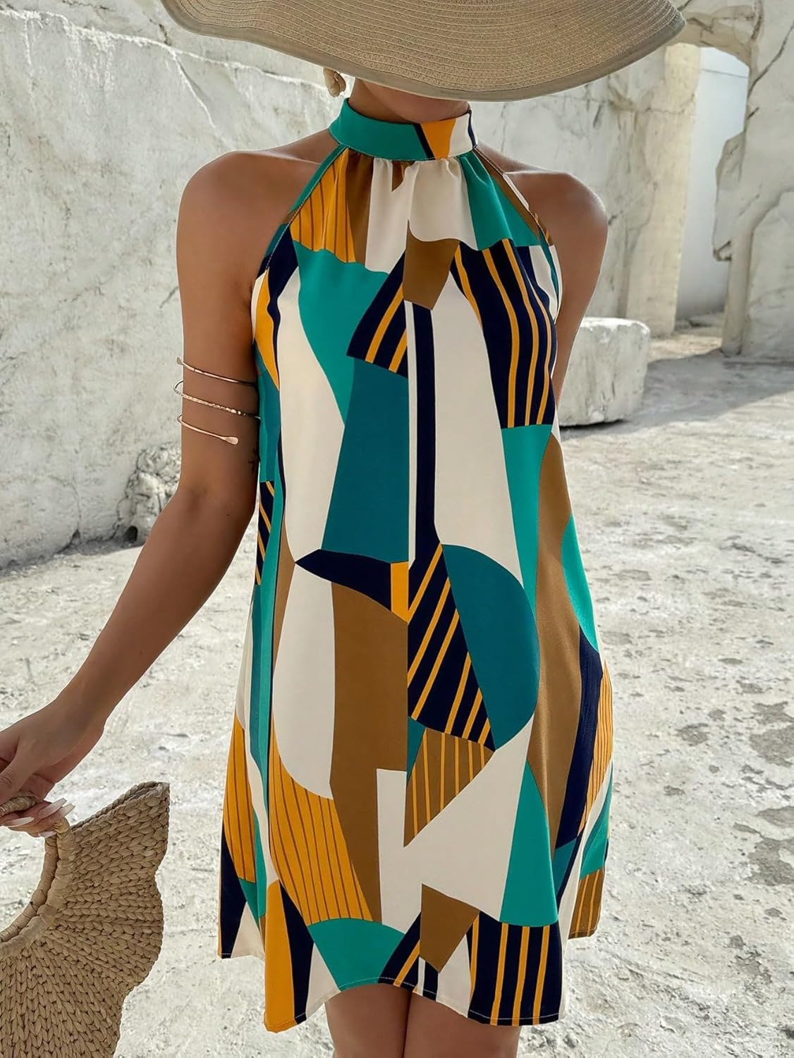 Floerns Women's Geo Print Halter A Line Dress Sleeveless Vacation Short Dresses