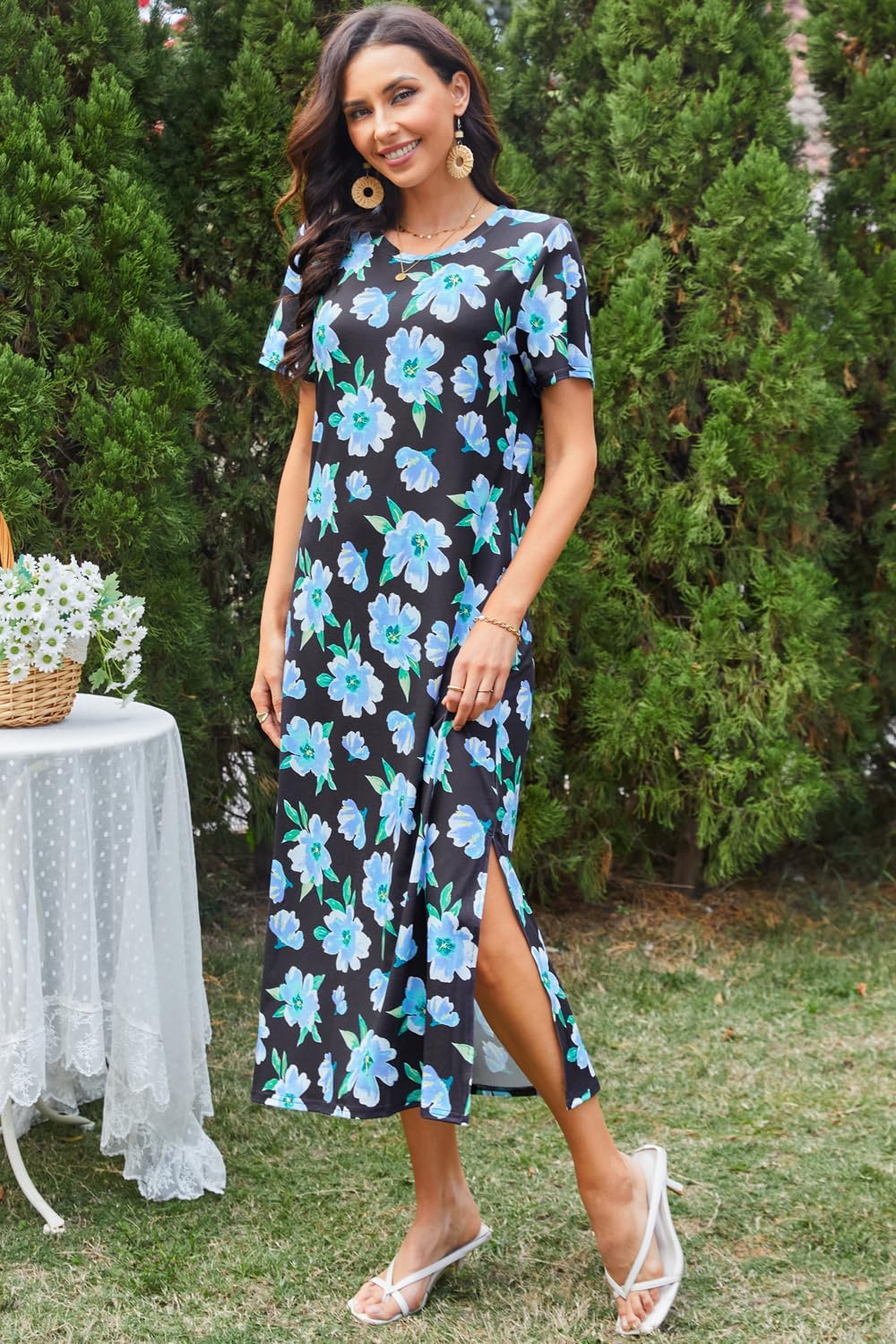 Naggoo Women's Short Sleeve Split Maxi Dress Casual Plain Tie Dye Print Tshirt Long Dresses with Pockets