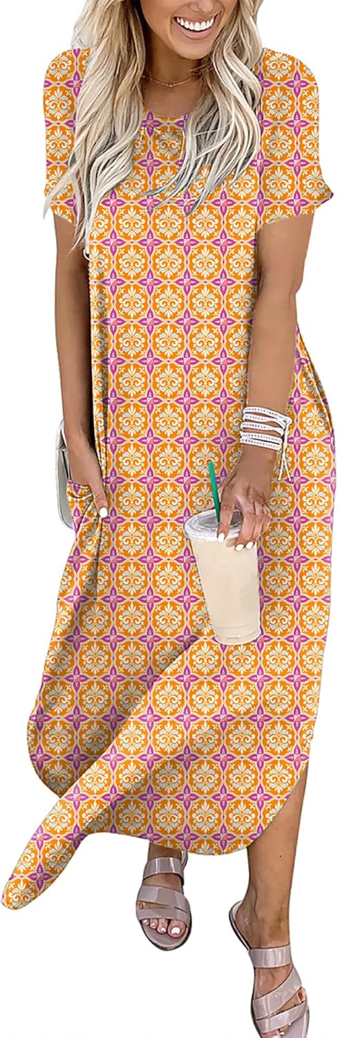 ANRABESS Women's Summer Casual Loose Short Sleeve Long T Shirt Dress Split Maxi Beach Sundress Travel Vacation Outfits