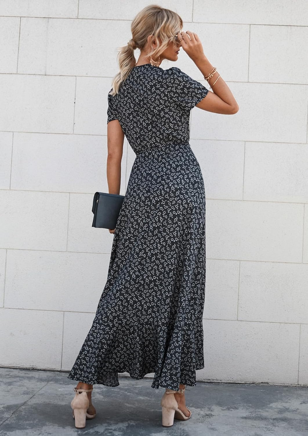 PRETTYGARDEN Women's Summer Wrap Maxi Dress Casual Short Sleeve Floral Boho V Neck Split Ruffle Beach Long Dresses