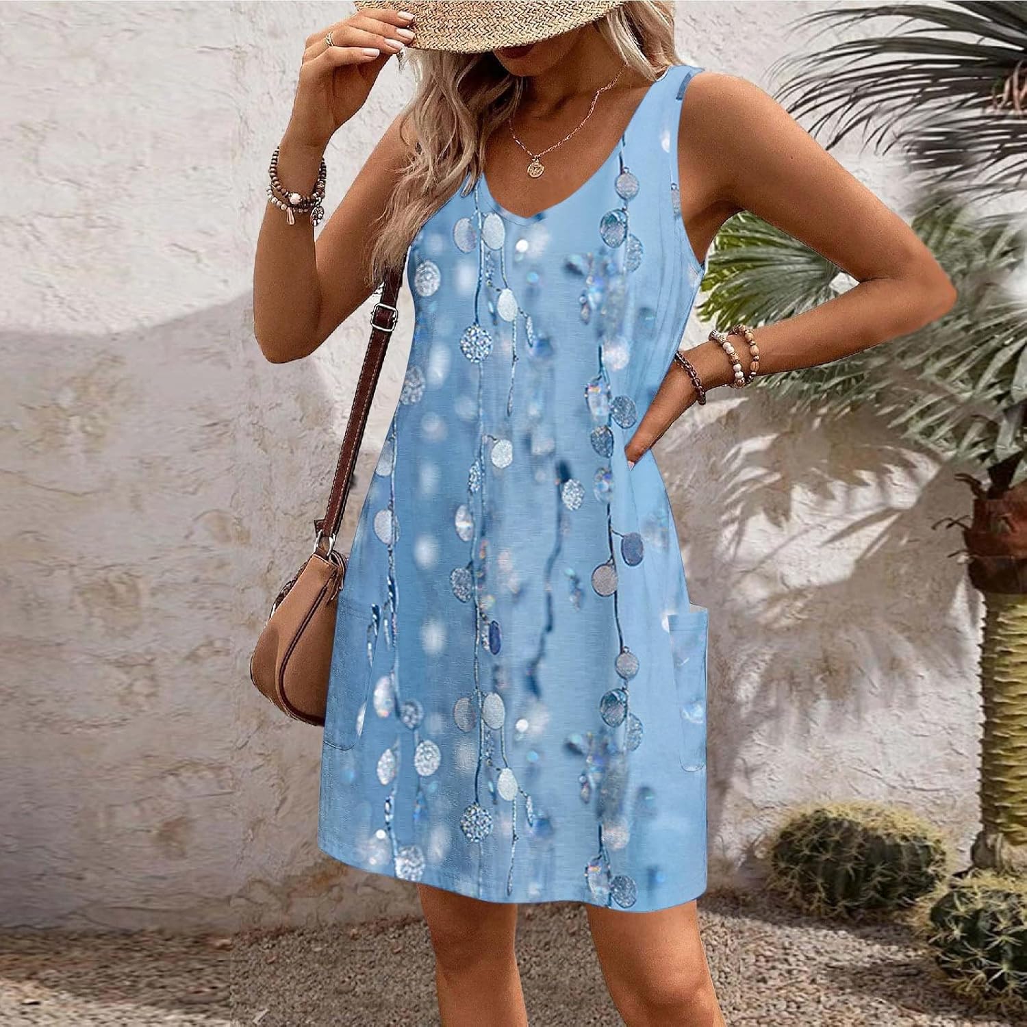 Womens 2025 Spring Summer Dresses Casual Floral Print V-Neck Tank Dress Curve Hem Pleated A-Line Sundresses