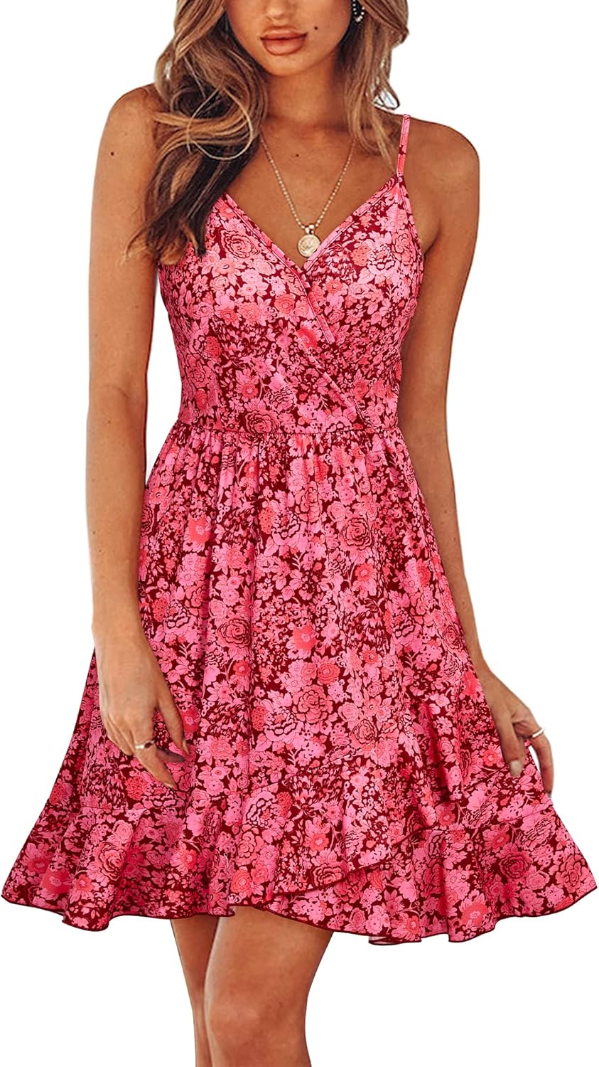 ULTRANICE Womens Summer Dresses Floral V Neck Ruffled Hem Spaghetti Spring Casual Beach Outfits Flowy Wrap Sun Dress