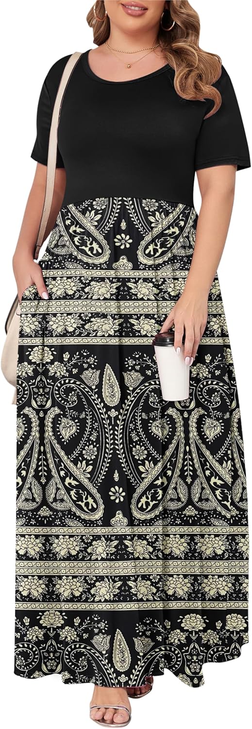 KARALIN Women’s Plus Size Maxi Dresses for Curvy Women Summer Casual Short Sleeve 2025 Long Dress 14W-26W