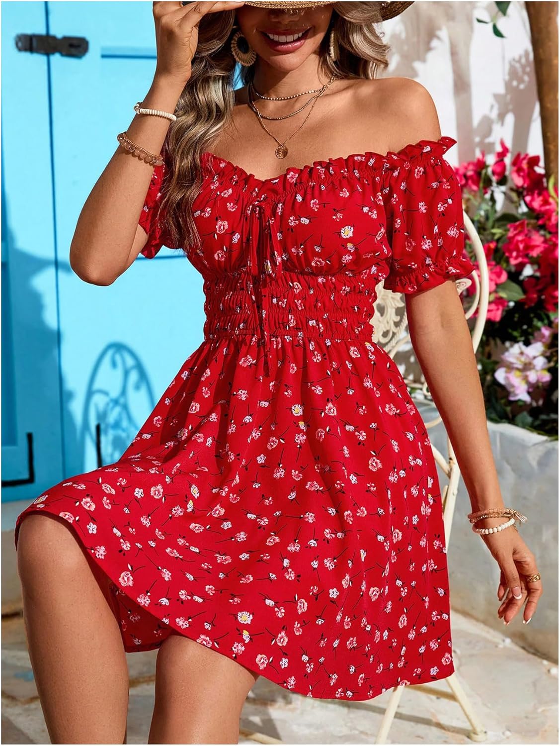 Milumia Women's Floral Off Shoulder Puff Sleeve Short Dress Boho Frill Trim A Line Mini Dresses