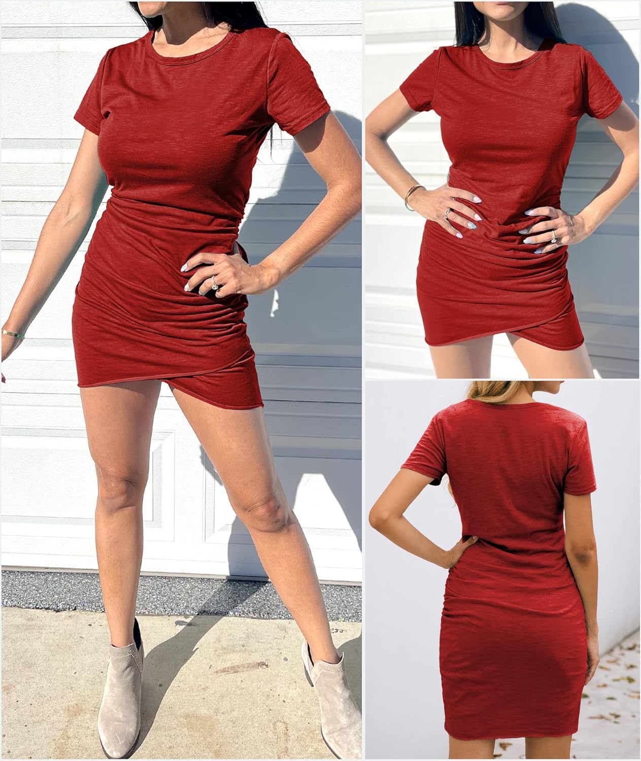 BTFBM Women's 2025 Summer Casual Beach Dresses Crew Neck Short Sleeve Wrap Party Club Mini Ruched Bodycon T Shirt Dress