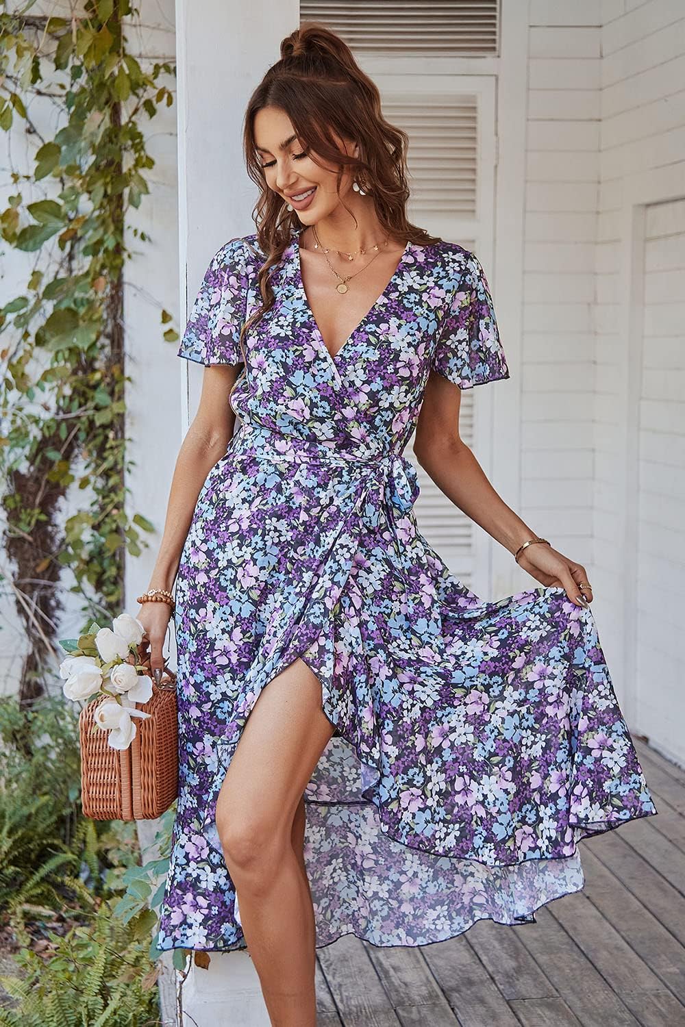 PRETTYGARDEN Women's Summer Floral Boho Dress Wrap V Neck Short Sleeve Ruffle A-Line Flowy Maxi Wedding Guest Dresses