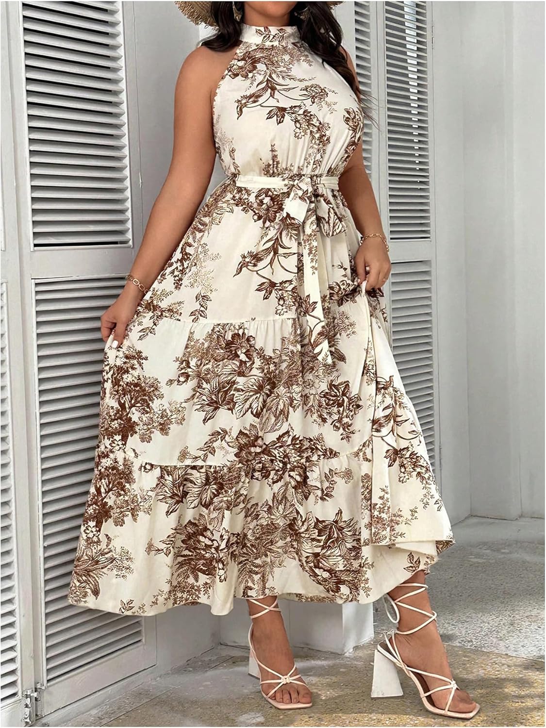 Floerns Women's Plus Size Boho Sleeveless Halter Neck Tie Back A Line Long Dress