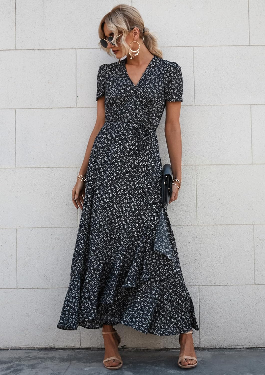 PRETTYGARDEN Women's Summer Wrap Maxi Dress Casual Short Sleeve Floral Boho V Neck Split Ruffle Beach Long Dresses