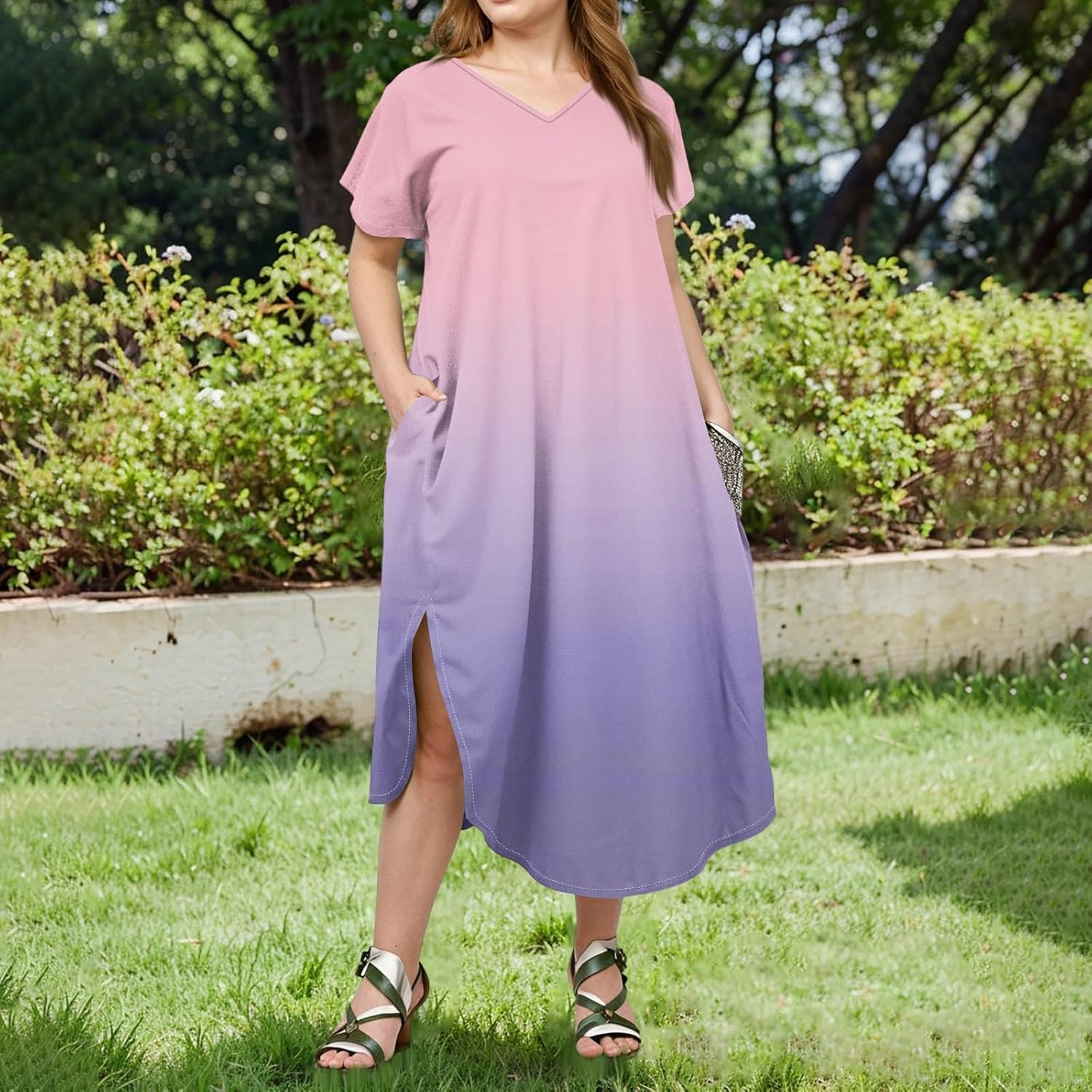 Maxi Dresses for Women 2025 Plus Size Tie Dye V Neck Dress Short Sleeve Side Split Beach Summer Sundress with Pocket