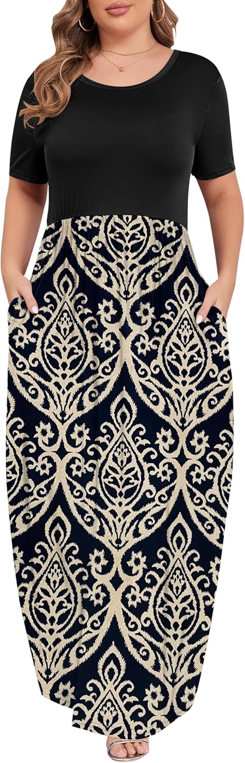 KARALIN Women’s Plus Size Maxi Dresses for Curvy Women Summer Casual Short Sleeve 2025 Long Dress 14W-26W
