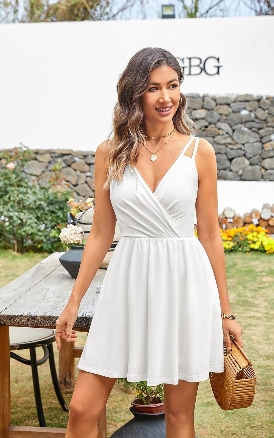 ECOWISH Summer Dresses for Women 2025 V-Neck Spaghetti Strap Bowknot Backless Sleeveless Lace Mini Swing Skater Dress