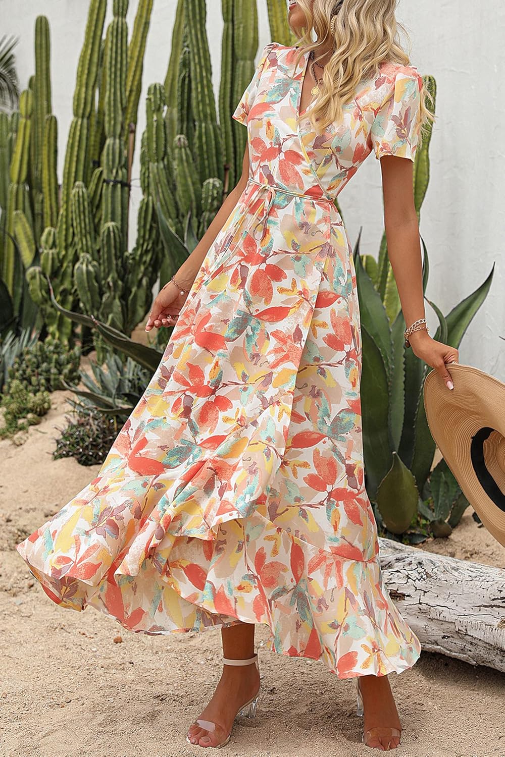 PRETTYGARDEN Women's Summer Wrap Maxi Dress Casual Short Sleeve Floral Boho V Neck Split Ruffle Beach Long Dresses