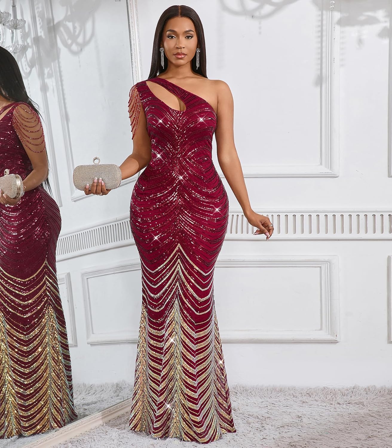 Cololura Women Sequin Elegant Sexy One Shoulder Tassel Mermaid Bodycon Cocktail Evening Dress