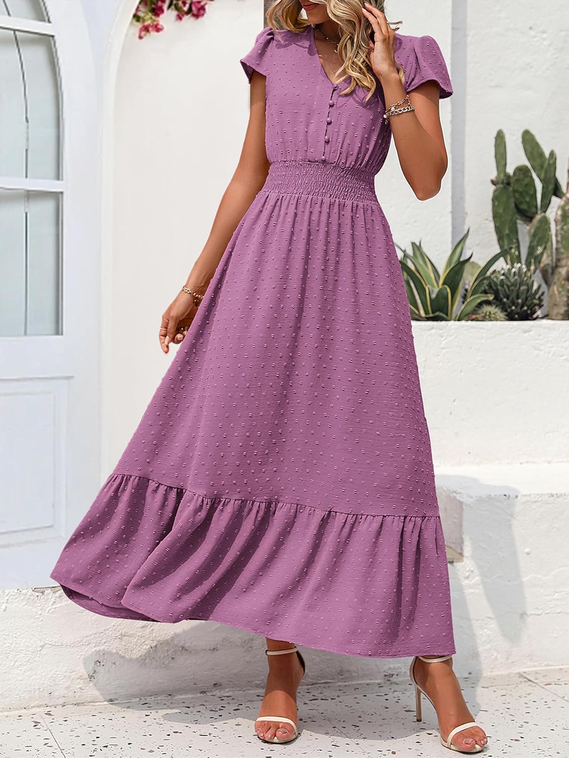 PRETTYGARDEN Womens Dresses 2025 Summer Maxi Dress Boho Short Sleeve V Neck Swiss Dot Ruffle Tiered Smocked Flowy Long Dress