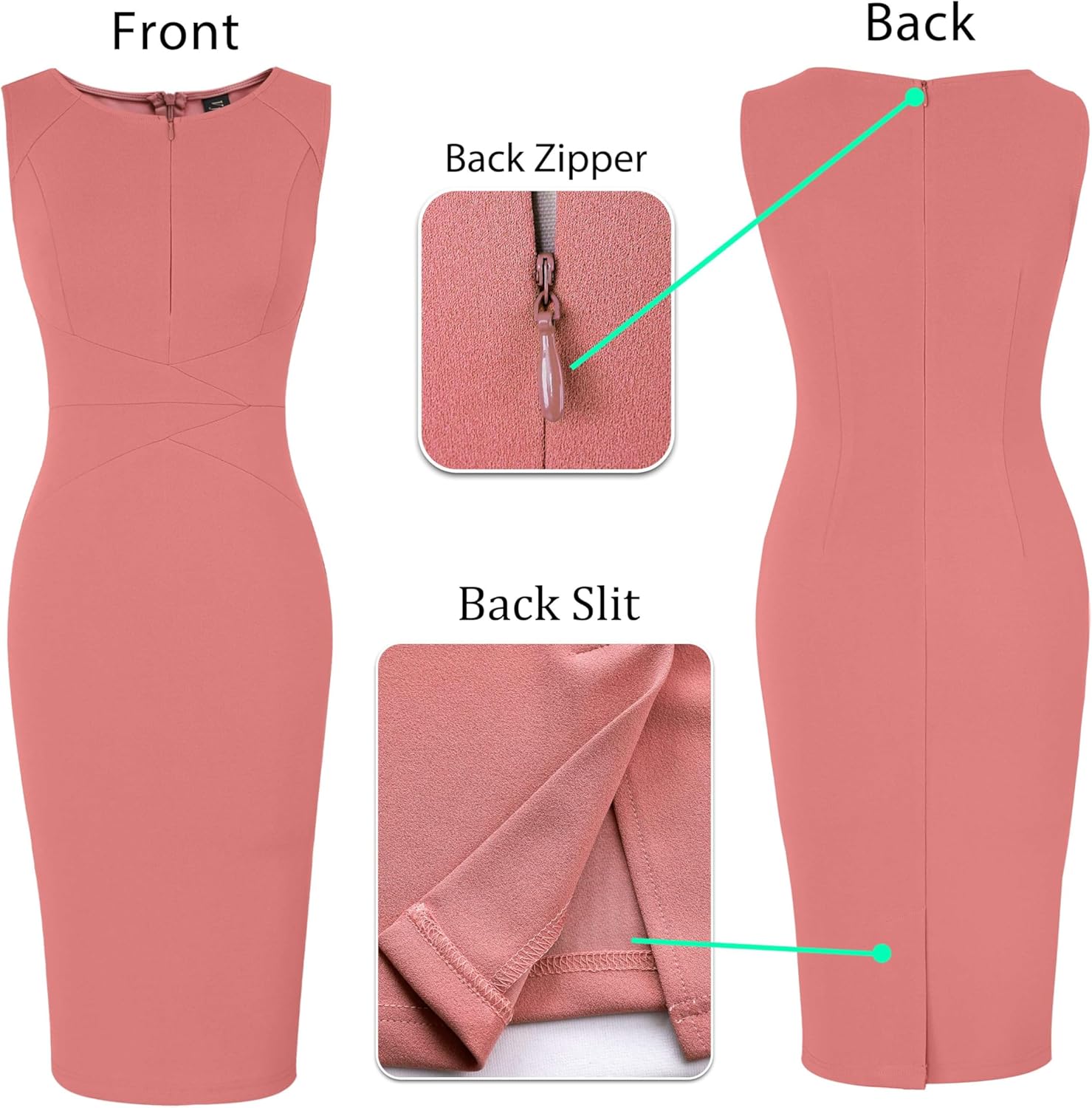 VFSHOW Womens Elegant Slim Front Zipper up Work Business Office Party Sheath Dress