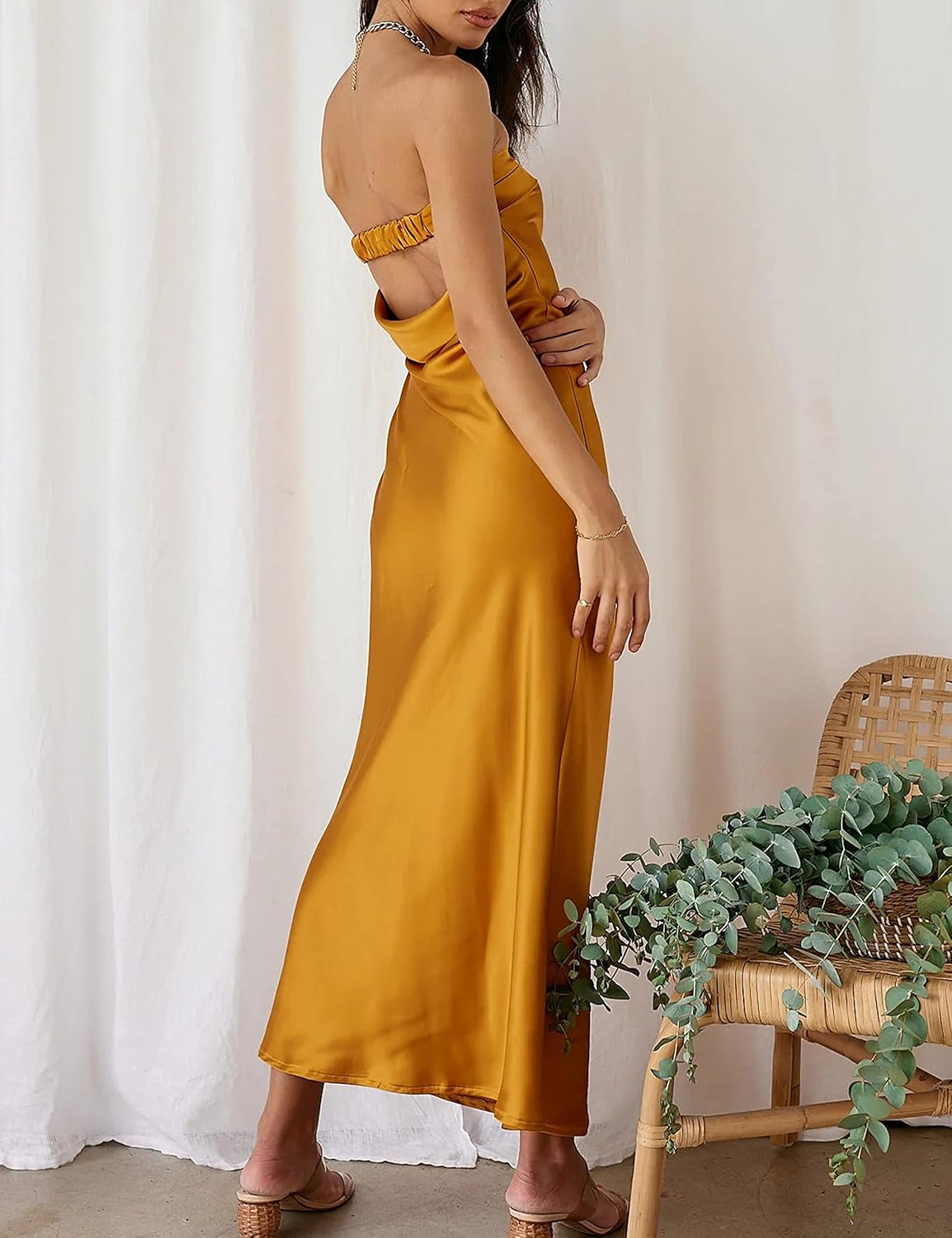 Realtix Satin Silk Backless Tube Tops Maxi Dress for Women Low Back Hollow Out Elegant Strapless Long Dresses Wedding Guest