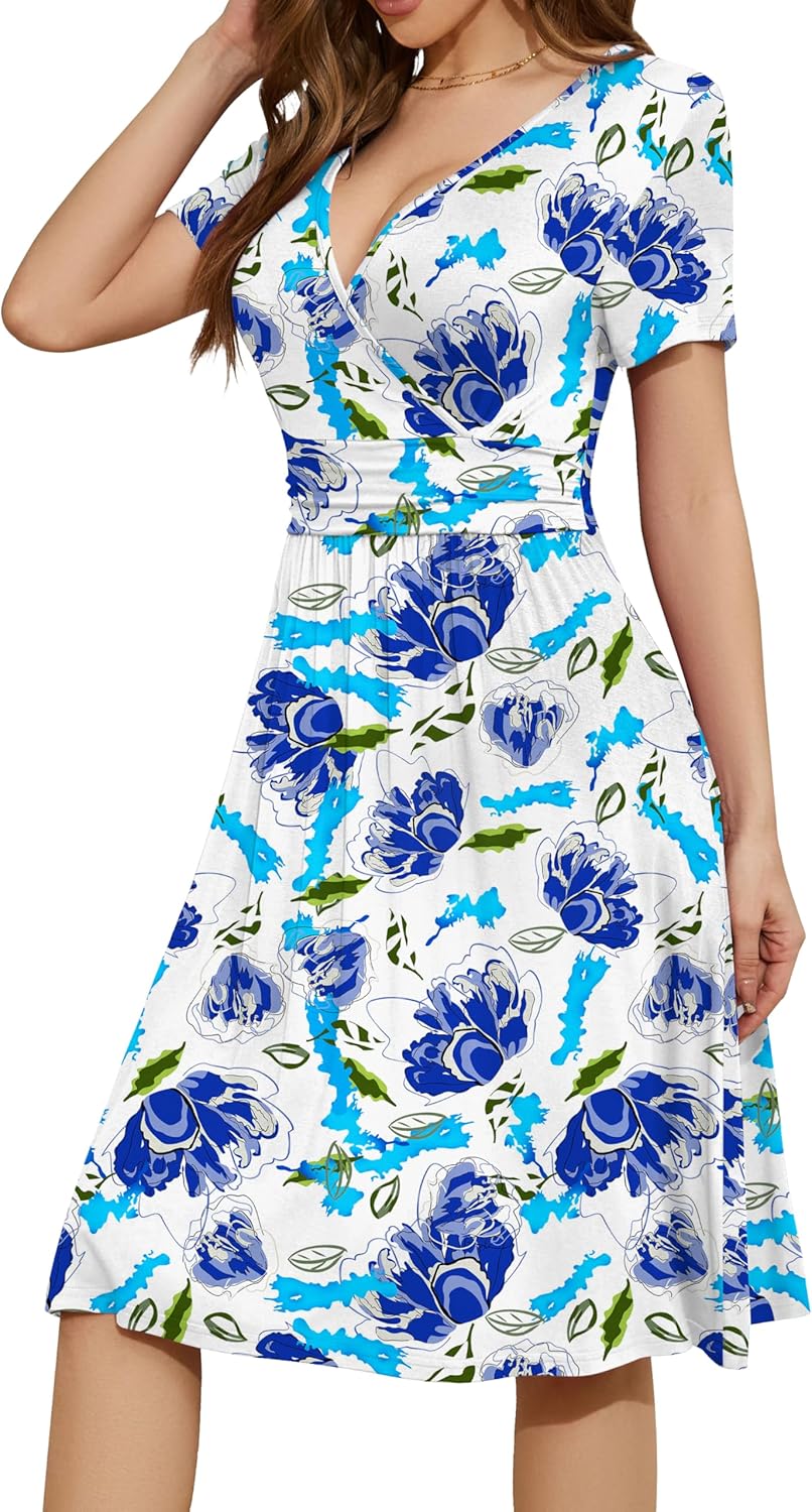 WEACZZY Women's Summer Short Sleeve Casual Dresses V-Neck Floral Party Dress with Pockets