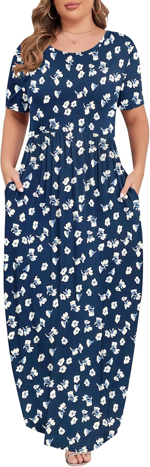 KARALIN Women’s Plus Size Maxi Dresses for Curvy Women Summer Casual Short Sleeve 2025 Long Dress 14W-26W