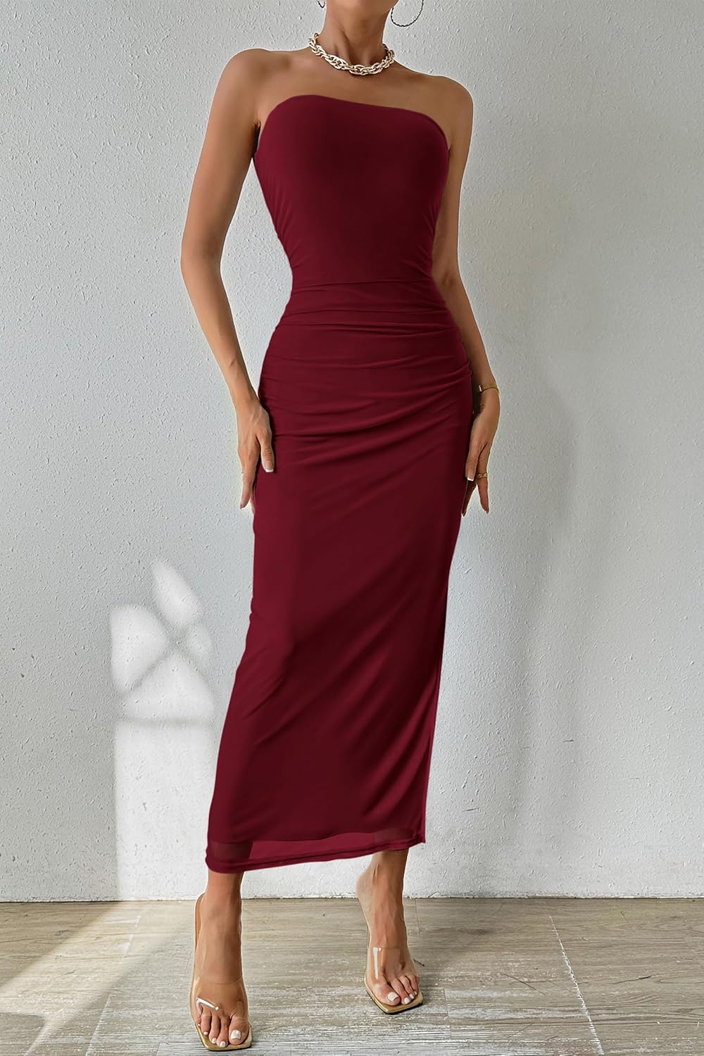 PRETTYGARDEN Women's Summer Maxi Bodycon Dresses Strapless Tube Top Printed Long Party Club Slit Dress