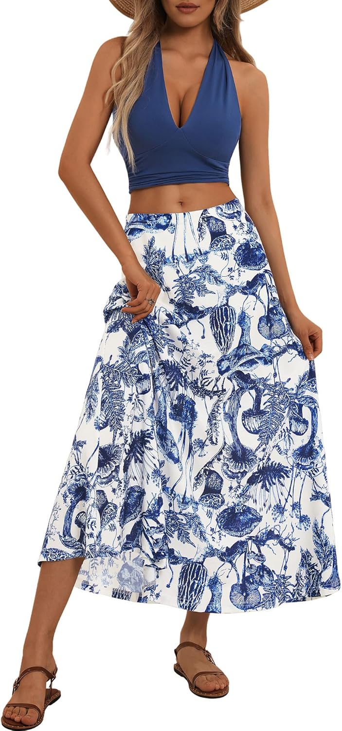 FENSACE Women's Summer Sexy 2 Pieces Floral Beach Vacation Outfits Halter Top Maxi Skirt Set