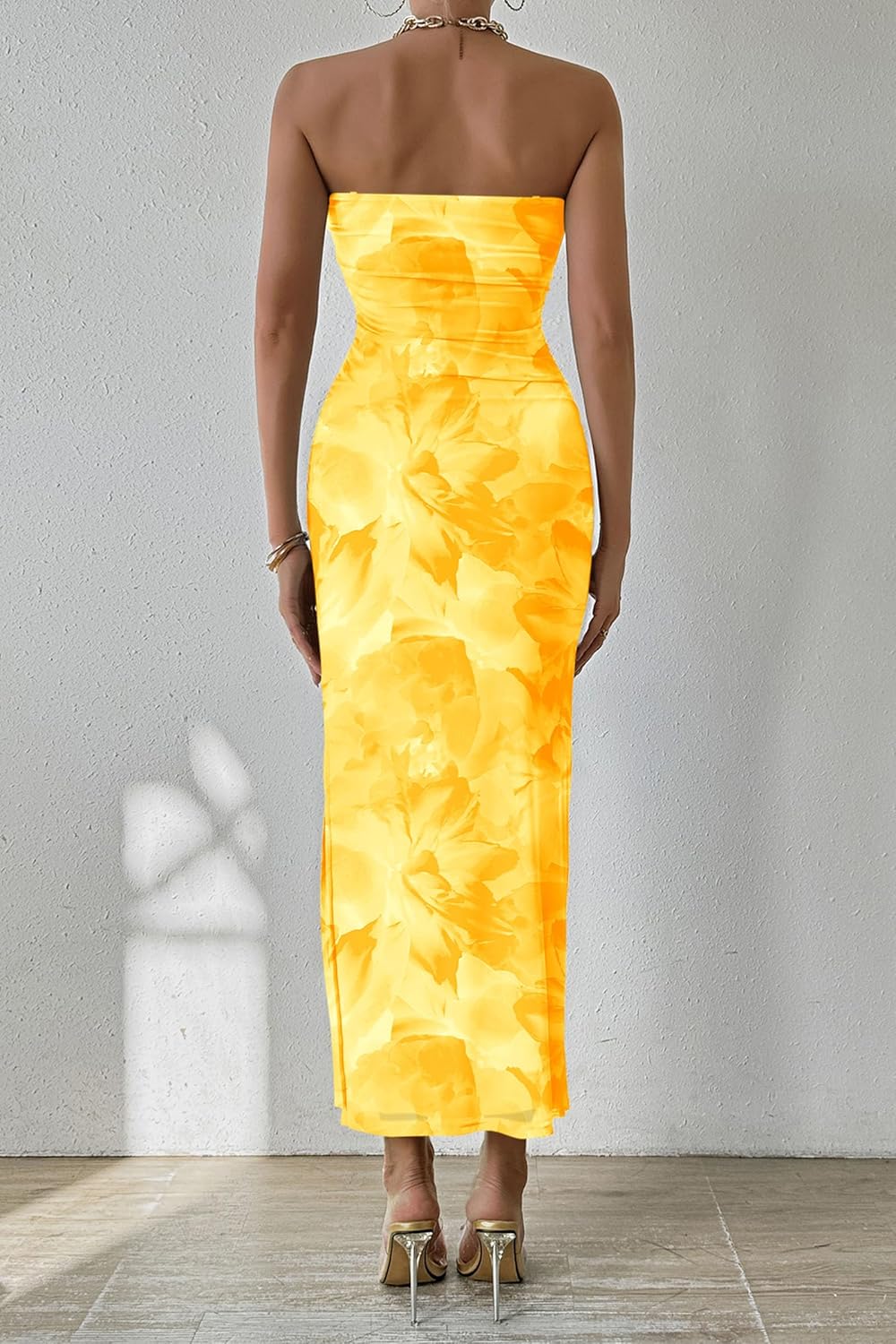 PRETTYGARDEN Women's Summer Maxi Bodycon Dresses Strapless Tube Top Printed Long Party Club Slit Dress