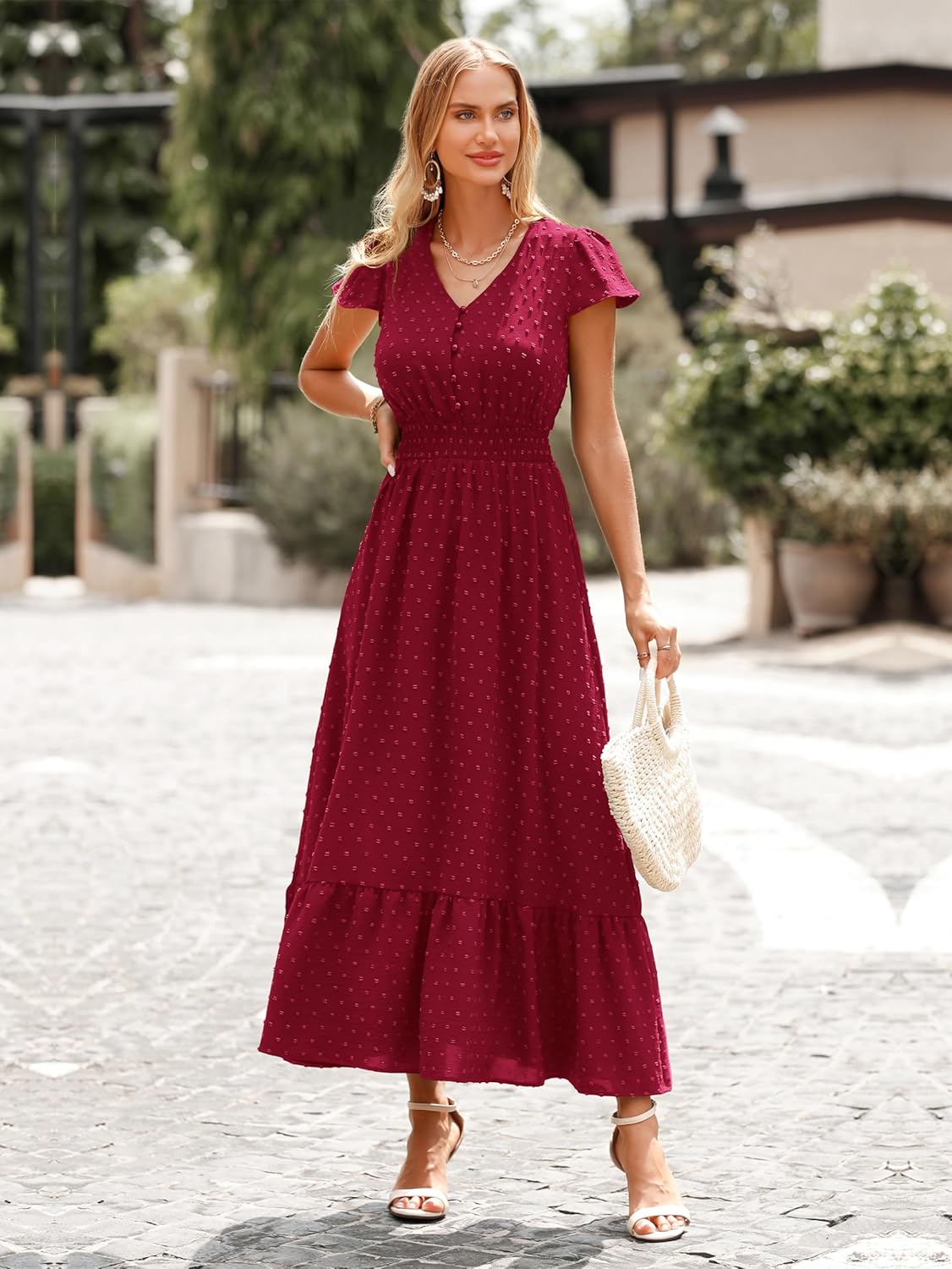 PRETTYGARDEN Womens Dresses 2025 Summer Maxi Dress Boho Short Sleeve V Neck Swiss Dot Ruffle Tiered Smocked Flowy Long Dress