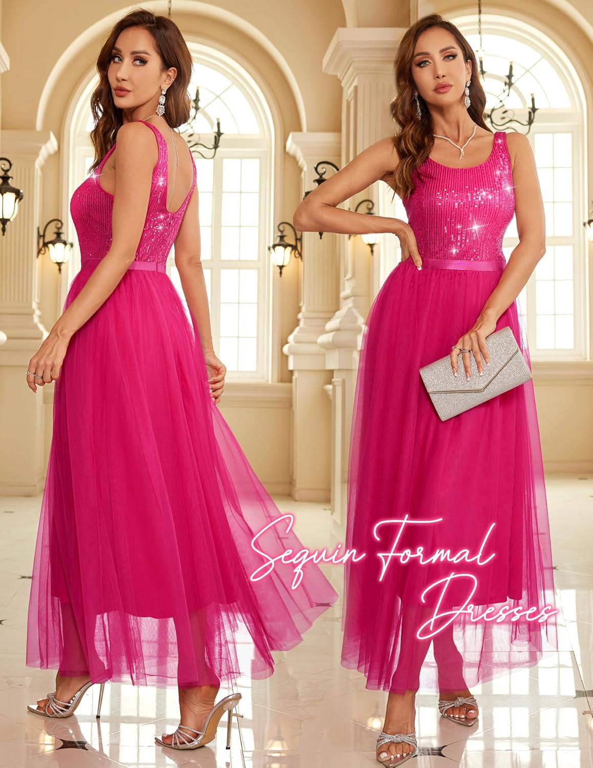 BeryLove Sequin Dress for Woman Vintage A Line Wedding Formal Swing Mesh Dress Sleeveless Cocktail Maxi Gowns