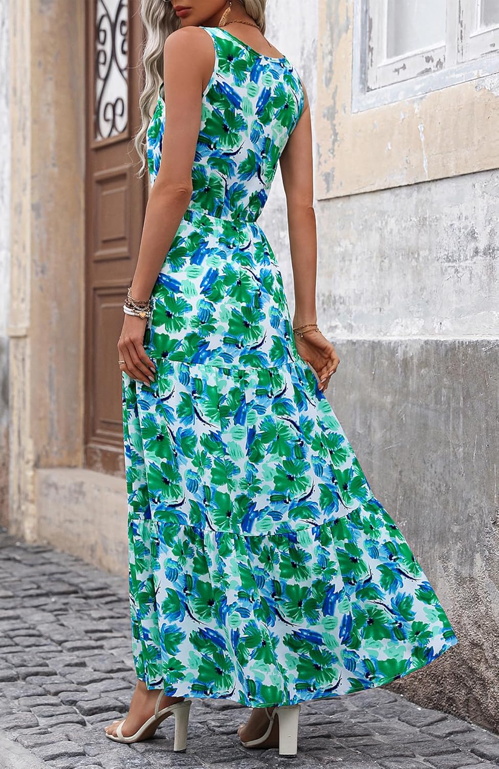 BTFBM Women Summer Dresses Casual Sleeveless Maxi Dresses Cute Floral Long Dress Wedding Guest Dress