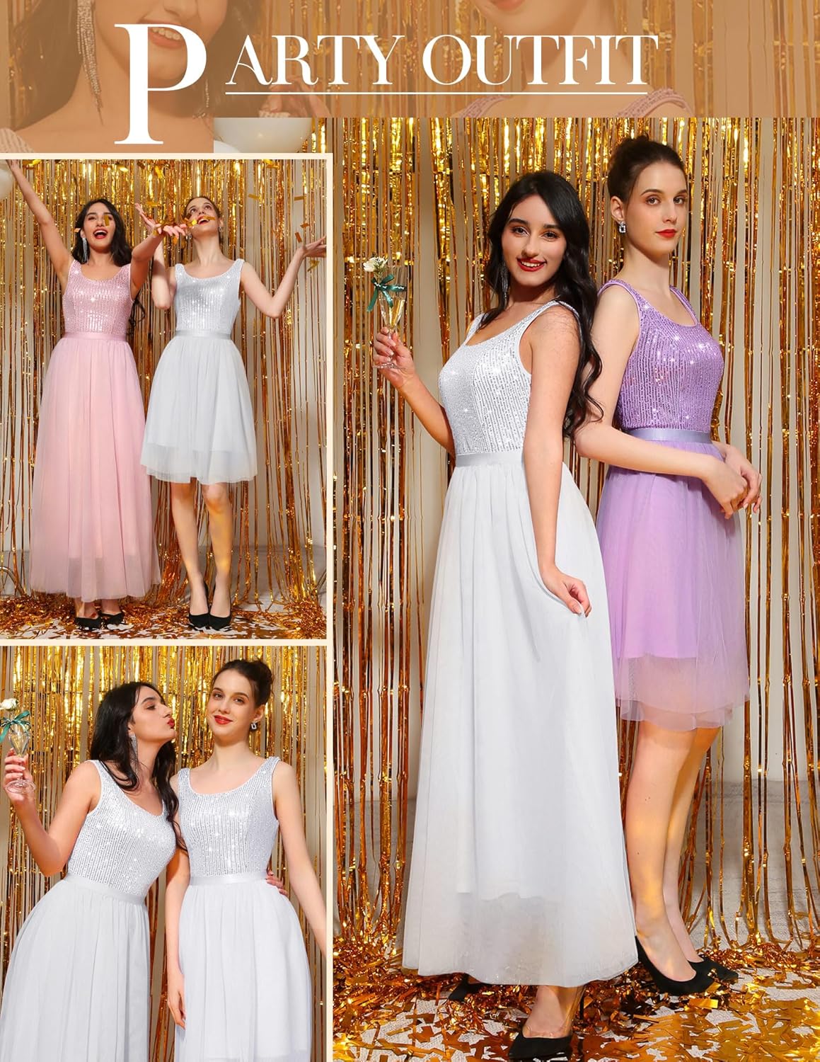 BeryLove Sequin Dress for Woman Vintage A Line Wedding Formal Swing Mesh Dress Sleeveless Cocktail Maxi Gowns