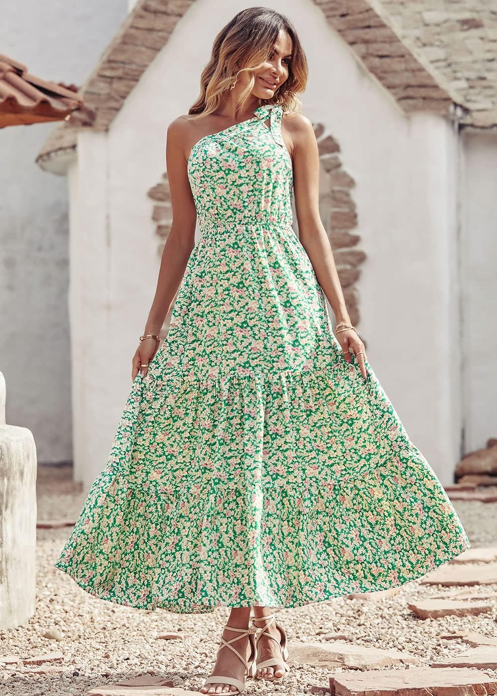 PRETTYGARDEN Women's Summer Floral Maxi Dress Knot One Shoulder Sleeveless Ruffle Flowy Boho Beach Wedding Guest Dresses