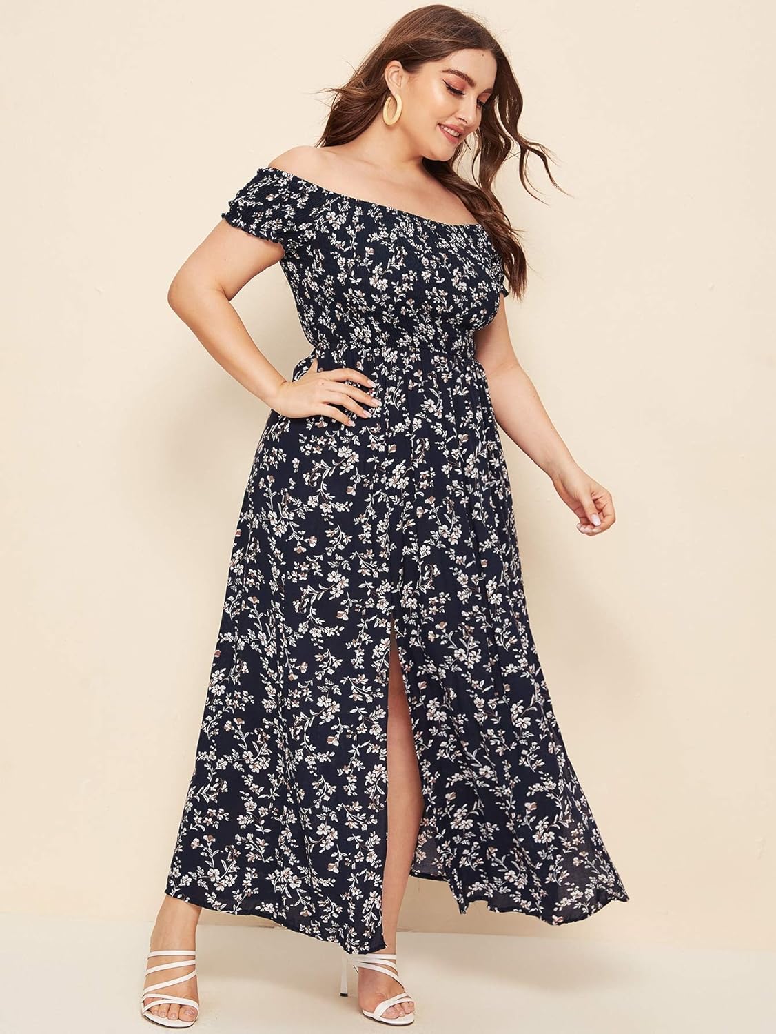 Floerns Women's Boho Floral Print Off Shoulder Split Long A Line Dress