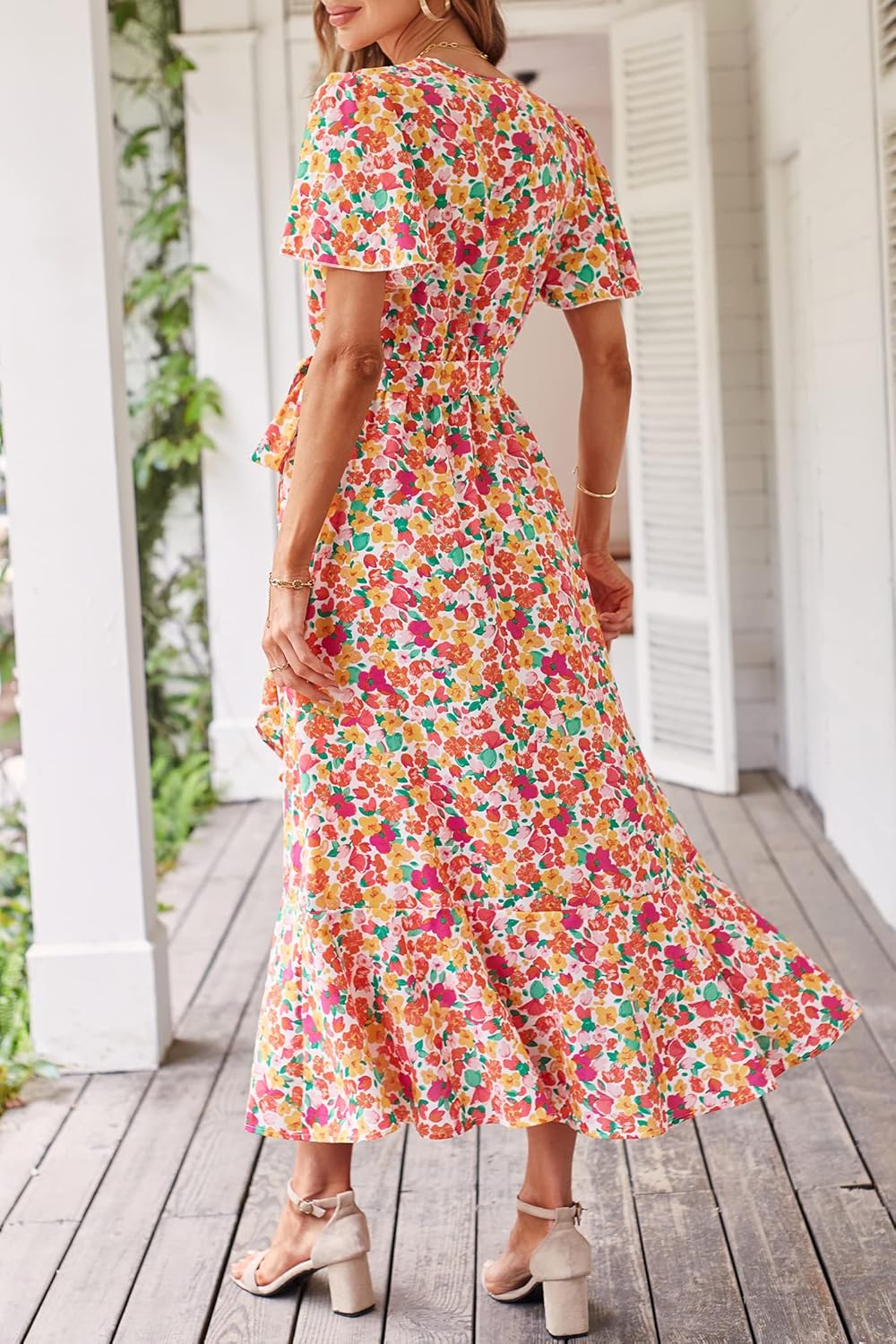 PRETTYGARDEN Women's Summer Floral Boho Dress Wrap V Neck Short Sleeve Ruffle A-Line Flowy Maxi Wedding Guest Dresses